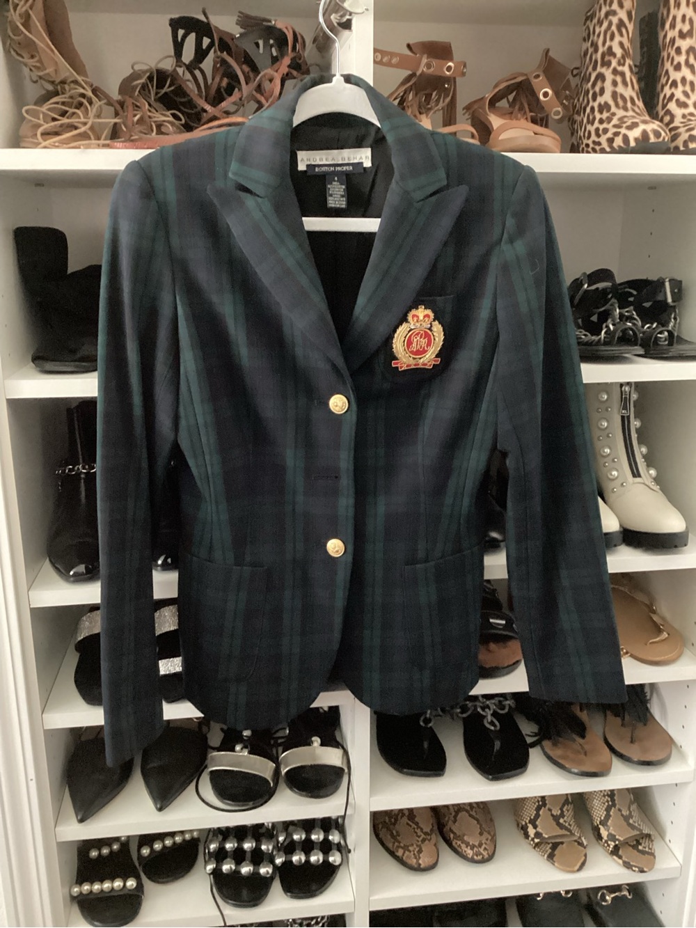 Boston Proper Navy and Green Plaid Blazer with Crest